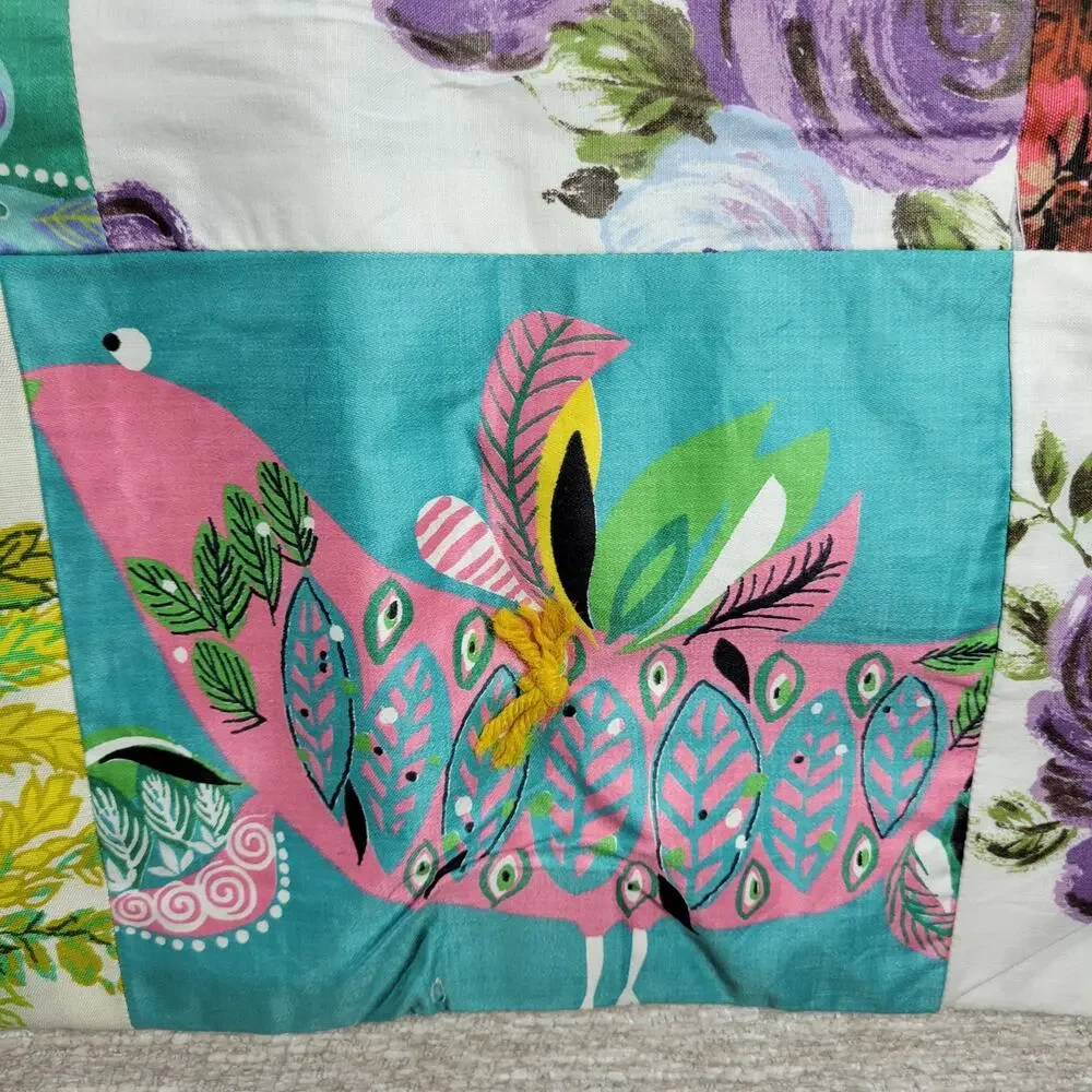 Handmade Patchwork Crazy Quilt Blanket Tablecloth Two-Sided Indian Square Floral